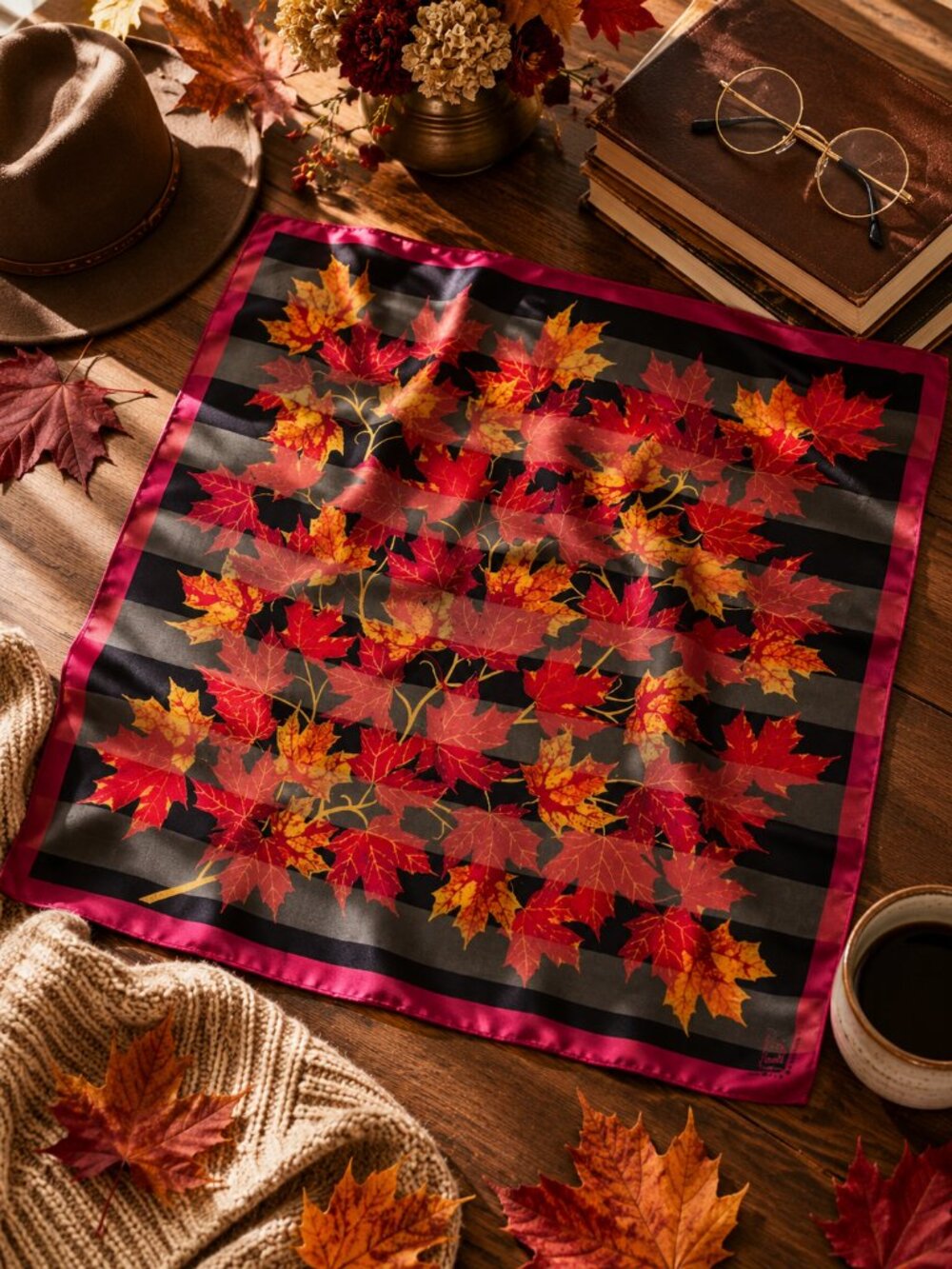 Mark Deggan Vintage Silk Autumn Maple Leaf Scarf Magenta Black 1998